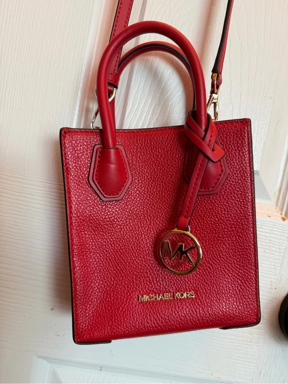 Michael Kors Red Pebbled Leather Mini Tote with Gold MK Charm